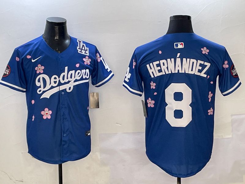 Men Los Angeles Dodgers #8 Hernandez Blue Sakura Edition 2025 Nike MLB Jersey style 5